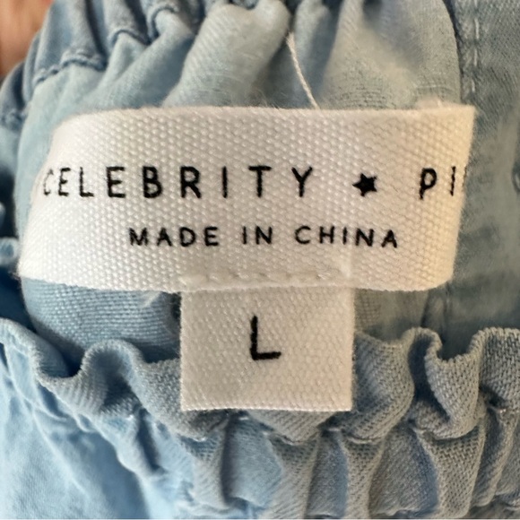 Celebrity Pink Light Blue Denim Bell Sleeve Beau Off The Shoulder Blouse Size L - Picture 7 of 8